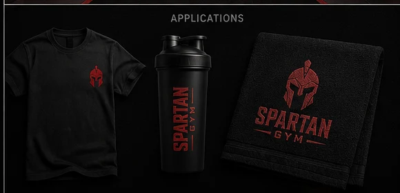 Brand concept: a black Spartan shirt, bottle and fabric with the red logo